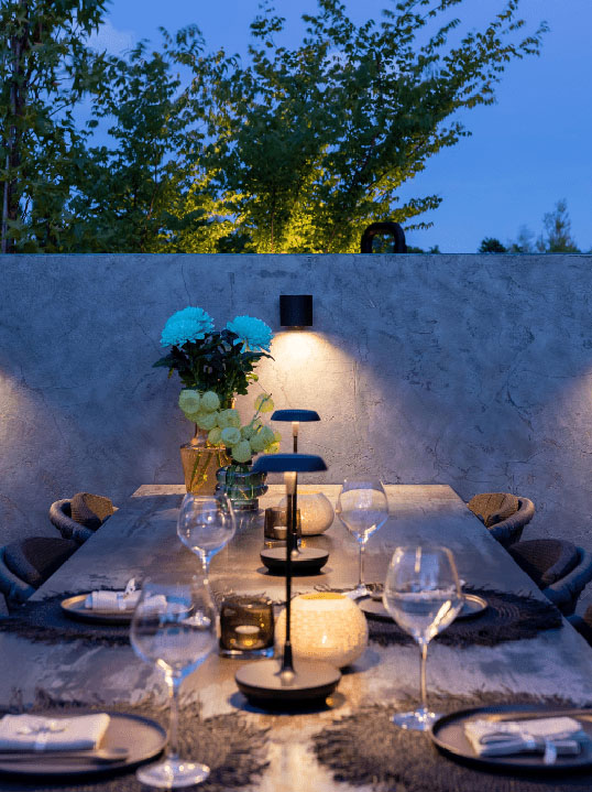 in-lite Halo Down Dark 12v light illuminating dining table.