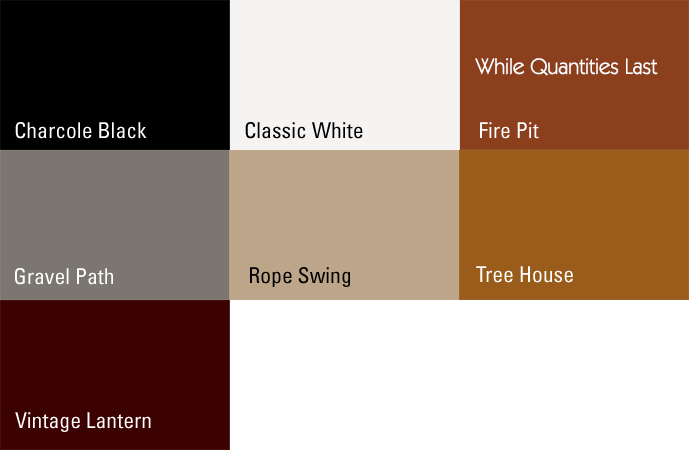 Rail colours are; left to right, Charcole-Black, Classic-White, Fire Pit, Gravel Path, Rope Swing, Tree House and Vintage Lantern